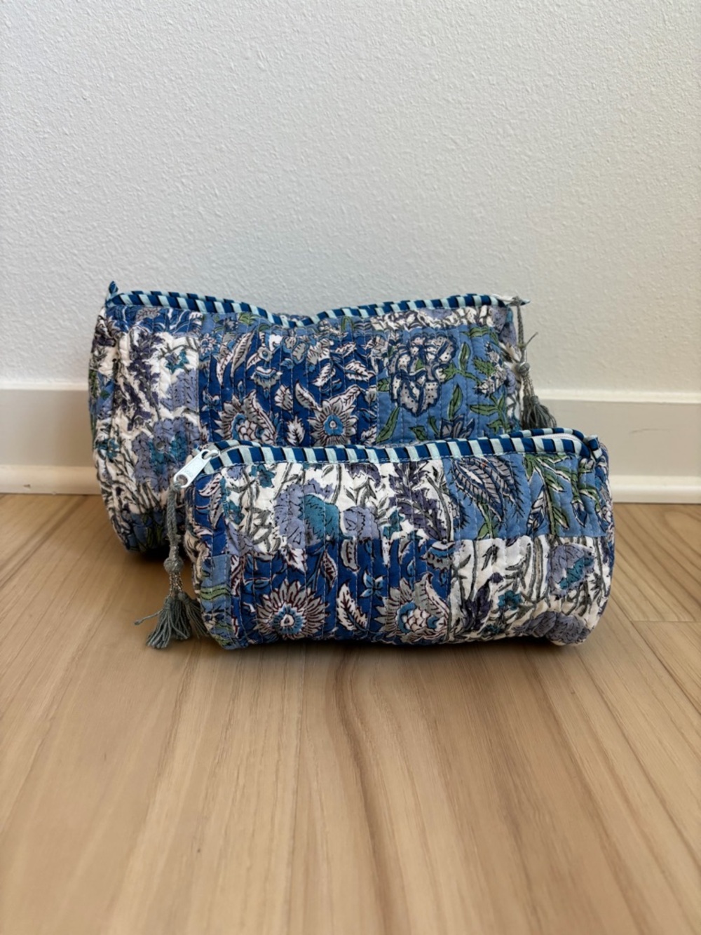 Blue Floral Quilted Zipper Pouches (Set of 2)